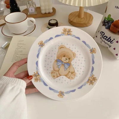 Лале Plate Ins Wind Retro Flower Bear Cherry Smiling Face Breakfast Ceramic Dessert Plate Western Food Plate Cute Girl Net Red
