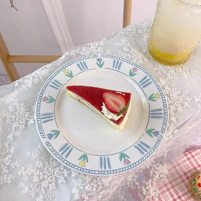 Лале Plate Ins Wind Retro Flower Bear Cherry Smiling Face Breakfast Ceramic Dessert Plate Western Food Plate Cute Girl Net Red