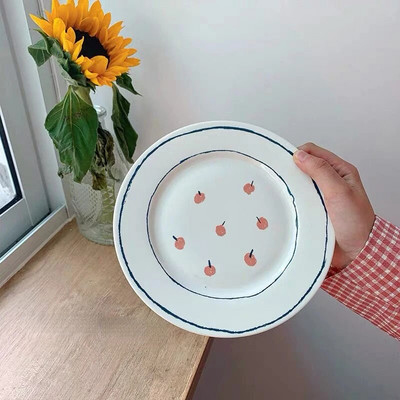 Лале Plate Ins Wind Retro Flower Bear Cherry Smiling Face Breakfast Ceramic Dessert Plate Western Food Plate Cute Girl Net Red