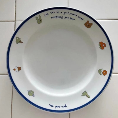 Лале Plate Ins Wind Retro Flower Bear Cherry Smiling Face Breakfast Ceramic Dessert Plate Western Food Plate Cute Girl Net Red