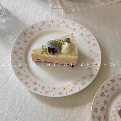 Лале Plate Ins Wind Retro Flower Bear Cherry Smiling Face Breakfast Ceramic Dessert Plate Western Food Plate Cute Girl Net Red