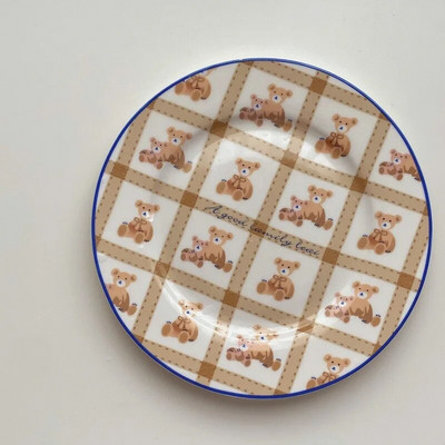 Лале Plate Ins Wind Retro Flower Bear Cherry Smiling Face Breakfast Ceramic Dessert Plate Western Food Plate Cute Girl Net Red