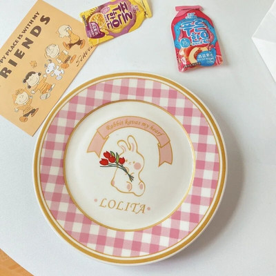 Лале Plate Ins Wind Retro Flower Bear Cherry Smiling Face Breakfast Ceramic Dessert Plate Western Food Plate Cute Girl Net Red