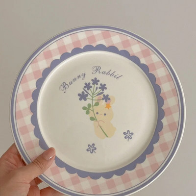 Лале Plate Ins Wind Retro Flower Bear Cherry Smiling Face Breakfast Ceramic Dessert Plate Western Food Plate Cute Girl Net Red