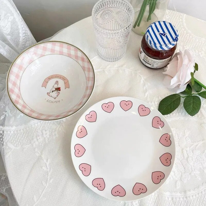 Tulipános tányér Ins Wind Retro Virág Medve Cseresznye Mosolygó Arc Reggeli Kerámia desszerttál Nyugati ételtál Aranyos Lány Hálós Piros