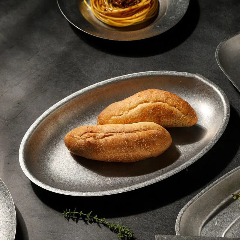 Vintage nyugati stílusú steak kerek tálca 304 rozsdamentes acél tömör spagetti ovális tányér kültéri desszert négyzet tányéros étkészlet