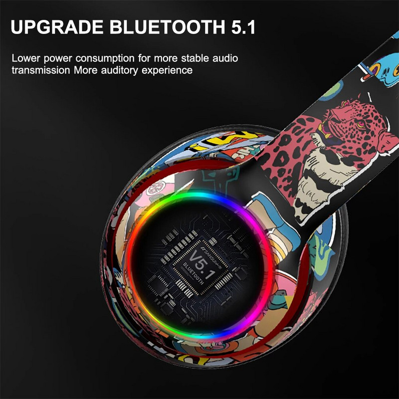 Ασύρματα ακουστικά Bluetooth 5.1 πάνω από το αυτί Ακουστικά παιχνιδιών γκράφιτι Πτυσσόμενα ακουστικά Hi-Fi Stereo για Τηλεφωνικό Υπολογιστή