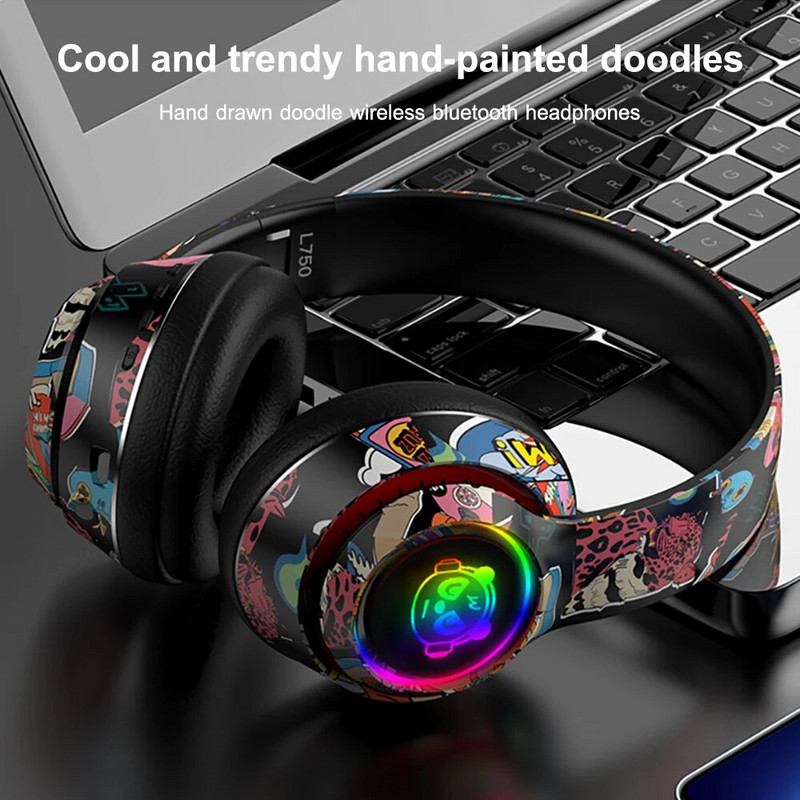 Ασύρματα ακουστικά Bluetooth 5.1 πάνω από το αυτί Ακουστικά παιχνιδιών γκράφιτι Πτυσσόμενα ακουστικά Hi-Fi Stereo για Τηλεφωνικό Υπολογιστή