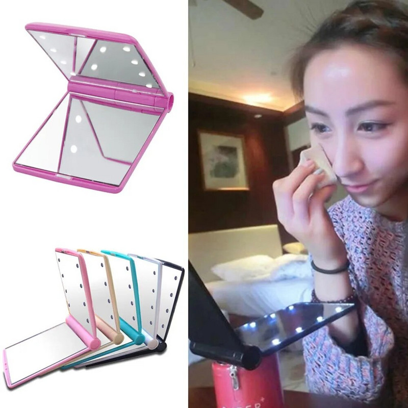 1 db kompakt női divatos női sminktükör kozmetikai összecsukható kompakt zseb 8 LED lámpával, sminkeszköz Szép ajándék