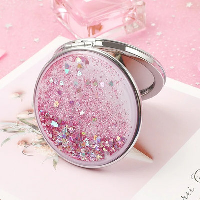 Πτυσσόμενοι καθρέφτες καλλυντικών διπλής όψης για γυναίκες Δώρα με ρέουσα αστραφτερή άμμο Μίνι καθρέφτης μακιγιάζ Συμπαγείς καθρέφτες τσέπης ροζ