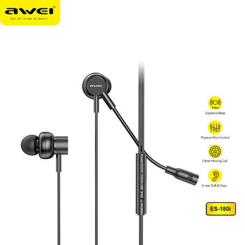 Awei ES-180i Геймърски слушалки за поставяне в ушите 3,5 мм щепсел с микрофон Слушалки за телефон Компютър Видео игра Стерео HD чист глас