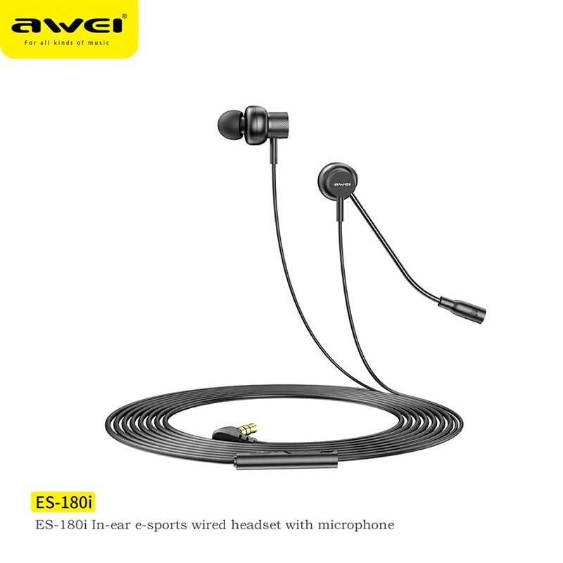 Awei ES-180i fülbe helyezhető játékfülhallgató 3,5 mm-es csatlakozó mikrofonos fejhallgatóval telefonhoz számítógépes videojáték sztereó HD tiszta hang