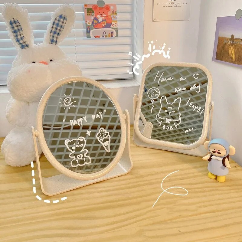 Női sminktükör asztali állvány, forgatható tükör, kétoldalas ovális téglalap, álló pipere, kozmetikai tükör, hálószoba