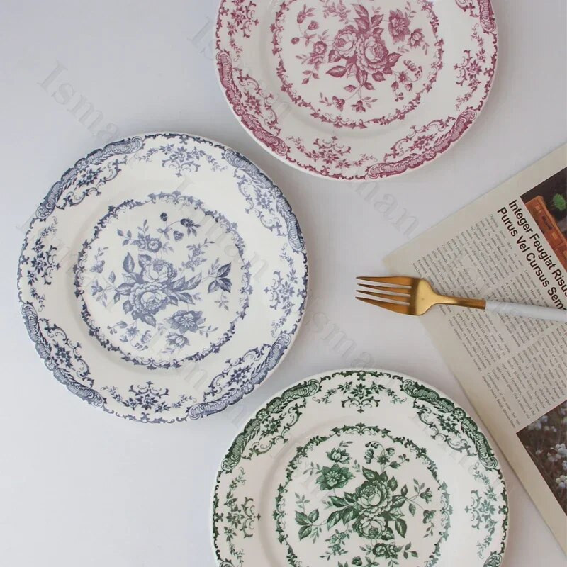 Vintage rózsa kerámia tányér európai stílusú nyugati ételek tésztaételek vacsora tányérok saláta desszert tál Háztartási művészeti étkészlet