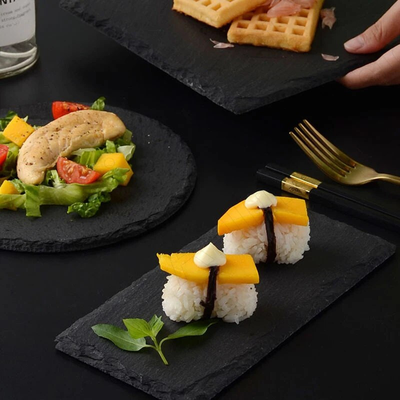 Japán szikladeszka lapos tányérok kreativitás egyszínű természetes kőlap vacsora tányér evőeszközök szállodai étterem tálalótálca