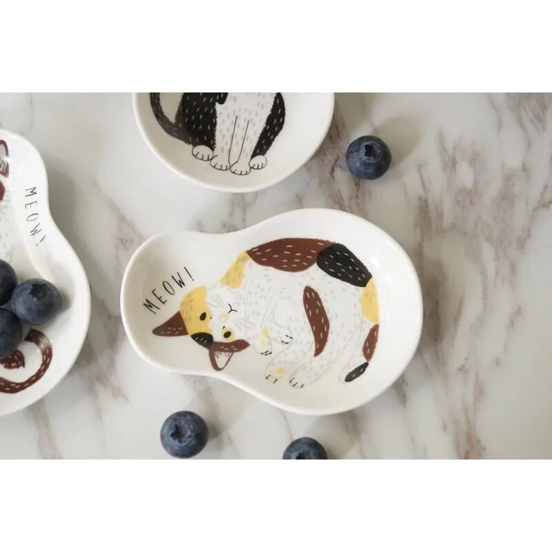 Kerámia desszert szószos edény japán stílusú étkészlet Kreatív aranyos rajzfilm szerencsés macska mintás vízcsepp alakú gyümölcs sushi tányérok