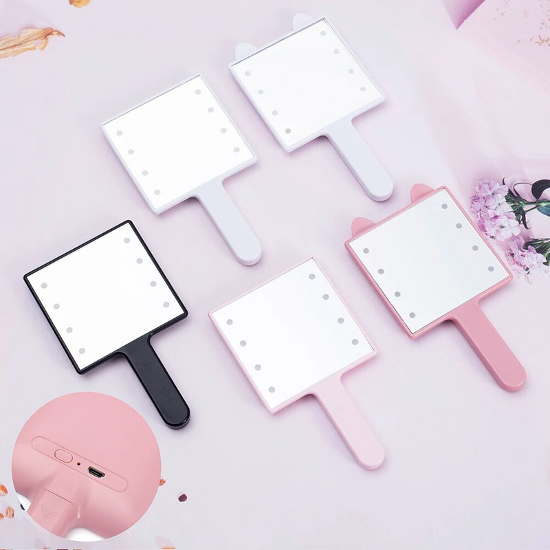 8 LED lámpás sminktükör fogantyúval, hordozható, könnyű sminktükör, kisméretű kézi négyzet alakú kozmetikai kozmetikai sminktükör női lányoknak