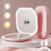 Kompakt LED sminktükör 1X/3X nagyítós zsebbel, hordozható, összecsukható utazási kozmetikai sminktükör Ajándékok nőknek