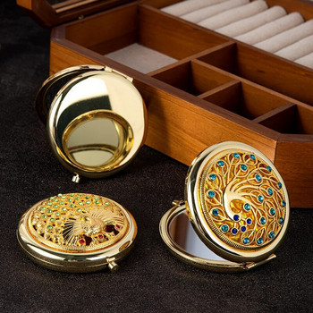 Ретро златно метално джобно огледало Компактни козметични ретро огледала Златен кристал Преносим грим Суета Инструменти за красота