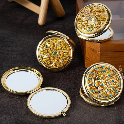 Retro Gold Metal Pocket Mirror Compact Cosmetic Vintage Mirrors Golden Crystal Portable Makeup Vanity Beauty Tools