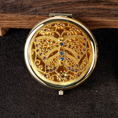 Ρετρό χρυσός μεταλλικός καθρέφτης τσέπης Συμπαγείς καλλυντικοί vintage καθρέφτες Χρυσό κρύσταλλο φορητό μακιγιάζ Vanity Beauty Tools