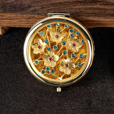 Ρετρό χρυσός μεταλλικός καθρέφτης τσέπης Συμπαγείς καλλυντικοί vintage καθρέφτες Χρυσό κρύσταλλο φορητό μακιγιάζ Vanity Beauty Tools