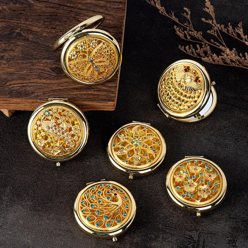 Ρετρό χρυσός μεταλλικός καθρέφτης τσέπης Συμπαγείς καλλυντικοί vintage καθρέφτες Χρυσό κρύσταλλο φορητό μακιγιάζ Vanity Beauty Tools