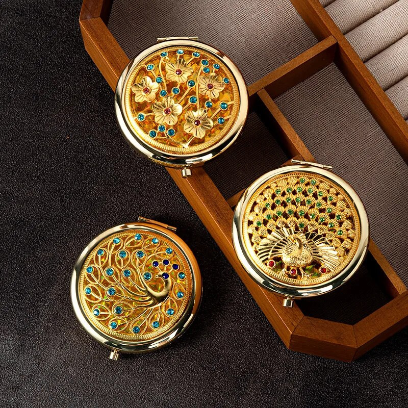 Ρετρό χρυσός μεταλλικός καθρέφτης τσέπης Συμπαγείς καλλυντικοί vintage καθρέφτες Χρυσό κρύσταλλο φορητό μακιγιάζ Vanity Beauty Tools