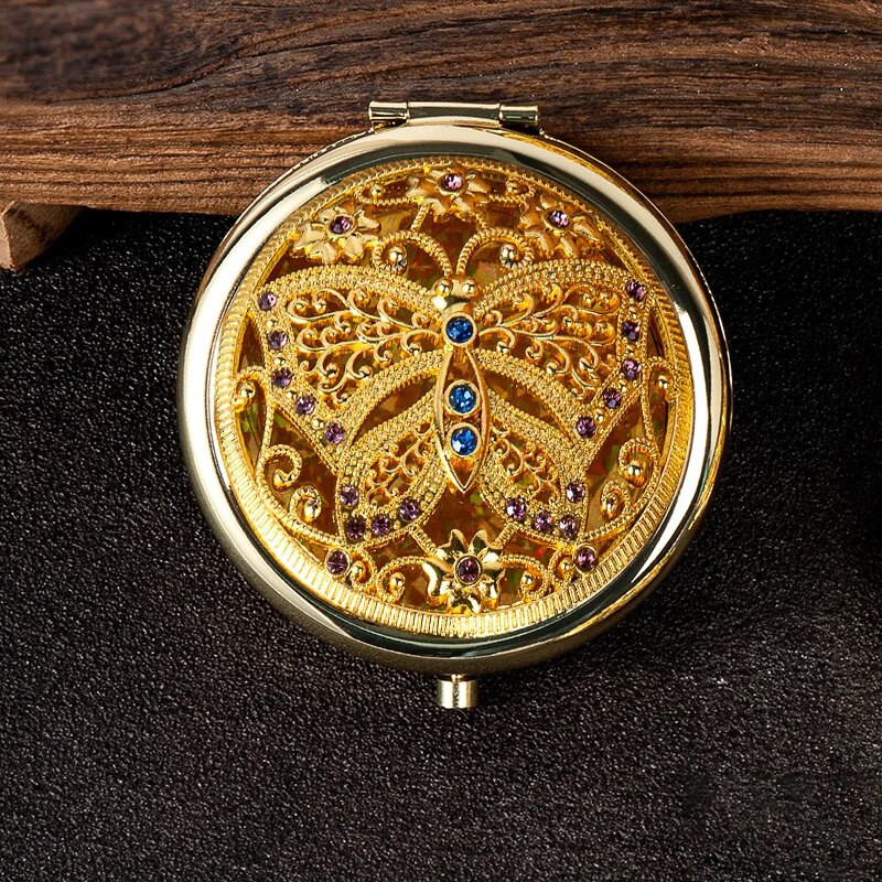 Ρετρό χρυσός μεταλλικός καθρέφτης τσέπης Συμπαγείς καλλυντικοί vintage καθρέφτες Χρυσό κρύσταλλο φορητό μακιγιάζ Vanity Beauty Tools