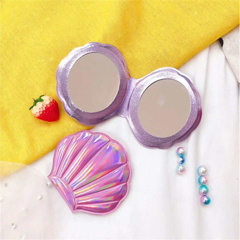 Hordozható kagyló alakú sminktükör, kétoldalas, összehajtható lézeres piperetükör zsebes kompakt kozmetikai tükör sminkeszköz