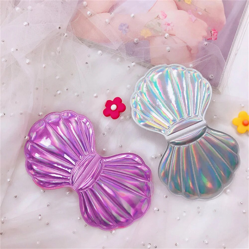 Hordozható kagyló alakú sminktükör, kétoldalas, összehajtható lézeres piperetükör zsebes kompakt kozmetikai tükör sminkeszköz