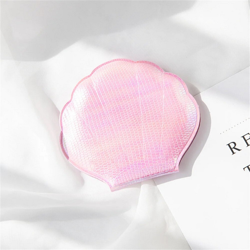 Hordozható kagyló alakú sminktükör, kétoldalas, összehajtható lézeres piperetükör zsebes kompakt kozmetikai tükör sminkeszköz