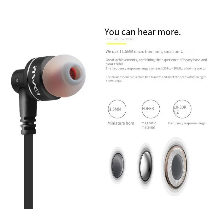 Awei ES-10TY 3,5 mm-es Sport vezetékes fülhallgató mikrofonos HiFi Bass sztereó fülhallgató számítógépes játék fejhallgatóhoz