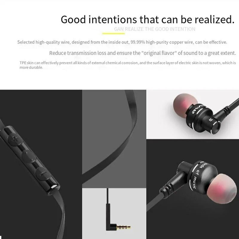 Awei ES-10TY 3,5 mm-es Sport vezetékes fülhallgató mikrofonos HiFi Bass sztereó fülhallgató számítógépes játék fejhallgatóhoz