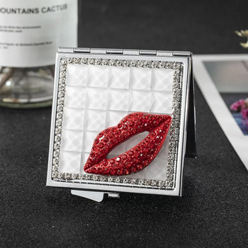 Mini Pocket Cosmetic Makeup Mirror Crystal Red Lip Διπλής όψης Αναδιπλούμενος Συμπαγής Καθρέφτης Μπομπονιέρες Χριστουγεννιάτικου Δώρου