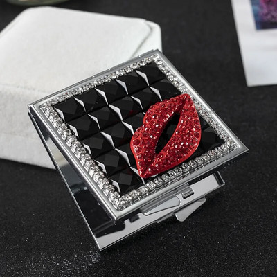 Mini zsebes kozmetikai sminktükör kristályvörös ajak, kétoldalas, összecsukható kompakt tükör, karácsonyi ajándék