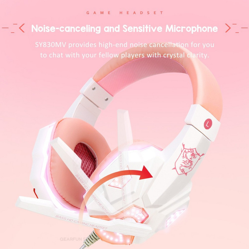 Rózsaszín Gaming Fejhallgató Mikrofonos LED Fénnyel Mély basszus PC Headset Gamer Girl Vezetékes Fejhallgató PS4 Számítógéphez XBOX