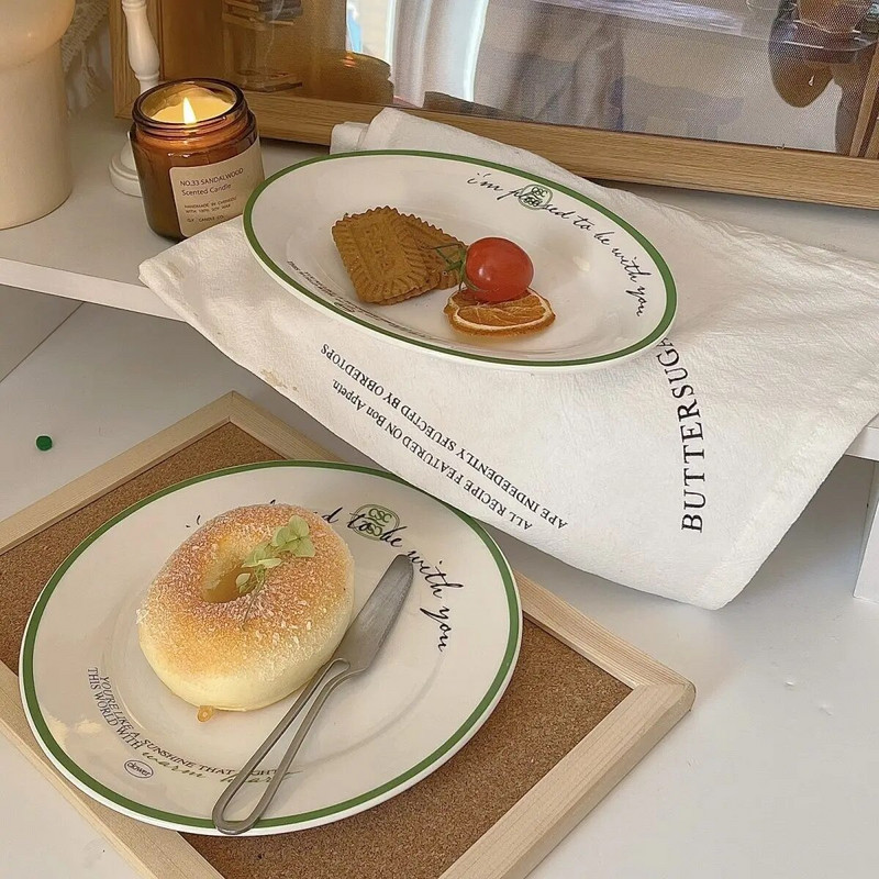 Francia INS Green Line Plate Letter Kerámia tányér zöldséges tányér Otthon Reggeli Tányér Desszert Western Dining Gyönyörű étkészlet