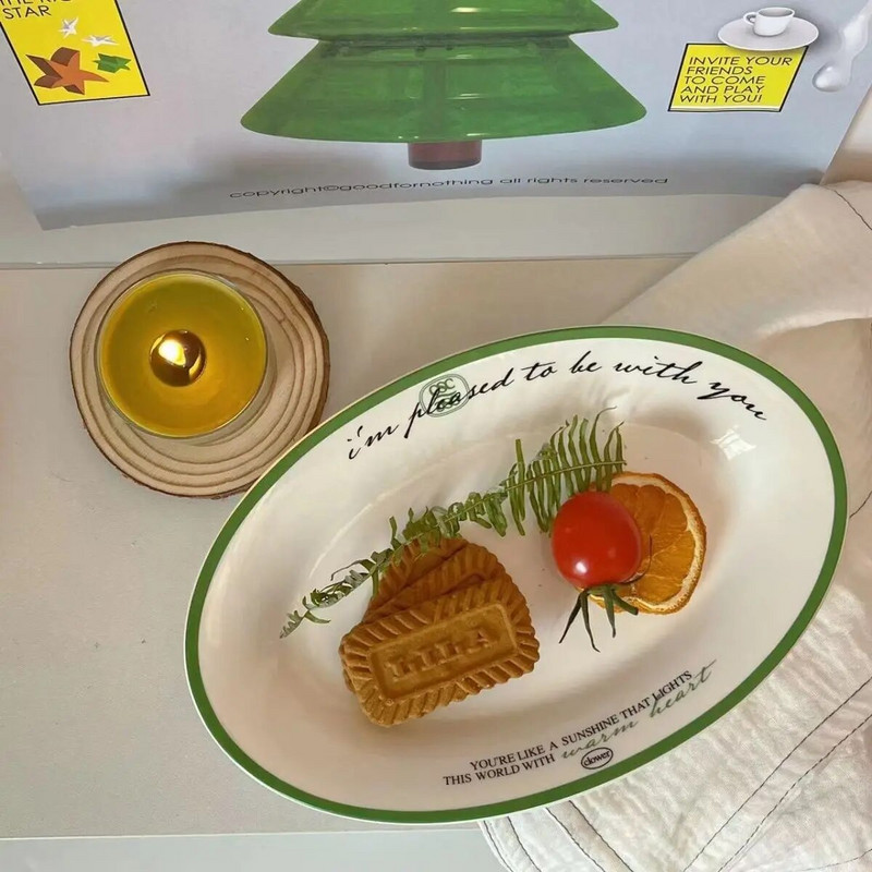 Francia INS Green Line Plate Letter Kerámia tányér zöldséges tányér Otthon Reggeli Tányér Desszert Western Dining Gyönyörű étkészlet