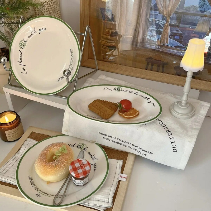 Francia INS Green Line Plate Letter Kerámia tányér zöldséges tányér Otthon Reggeli Tányér Desszert Western Dining Gyönyörű étkészlet