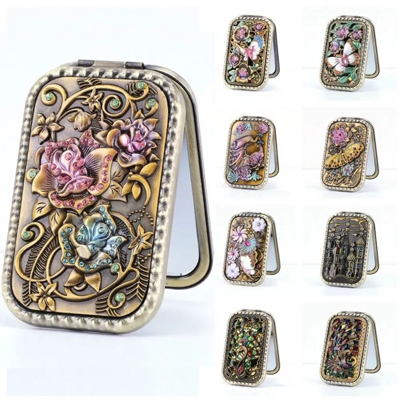 Mini Vintage sminktükör kétoldalas luxus Relievo összecsukható zsebes tükör lányoknak utazó hordozható kézi sminktükrök