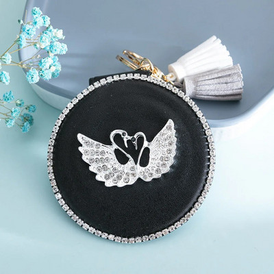 Kétoldalas kompakt kozmetikai tükör mini kerek PU sminktükör Aranyos hattyúbojt hordozható sminktükör kulcstartó táska dísz