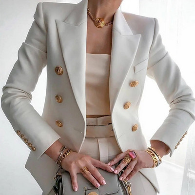 Шикозен дамски блейзър Пролетно едноцветно палто с дълъг ръкав и двоен ревер Елегантни ежедневни якета Блейзъри 2024 г. Офисни дамски дрехи