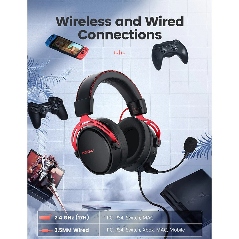 Mpow Air 2.4G vezeték nélküli gamer fejhallgató PS5/PS4/PC számítógépes fejhallgató zajszűrős mikrofonos USB jeladóval PC-játékosokhoz