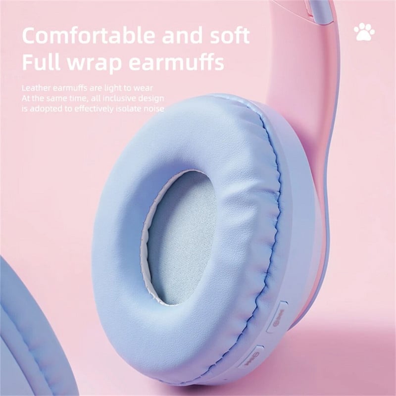 Aranyos macska fülhallgató Bluetooth 5.0 vezeték nélküli fejhallgató színes LED-es fényű fejpántos játékfülhallgató telefonhoz laptop számítógép táblagéphez