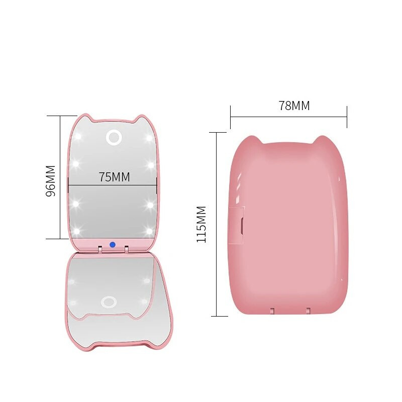 Összecsukható női sminktükör kültéri hordozható kozmetikai tükör ABS műanyag összecsukható tükör 8 LED-es lámpával