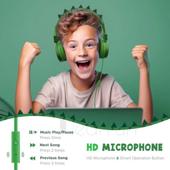Сладък динозавър Детски слушалки с микрофон Безопасна сила на звука 85 db Стерео звук Кабелни детски слушалки за Ipad Компютър Детски подаръци
