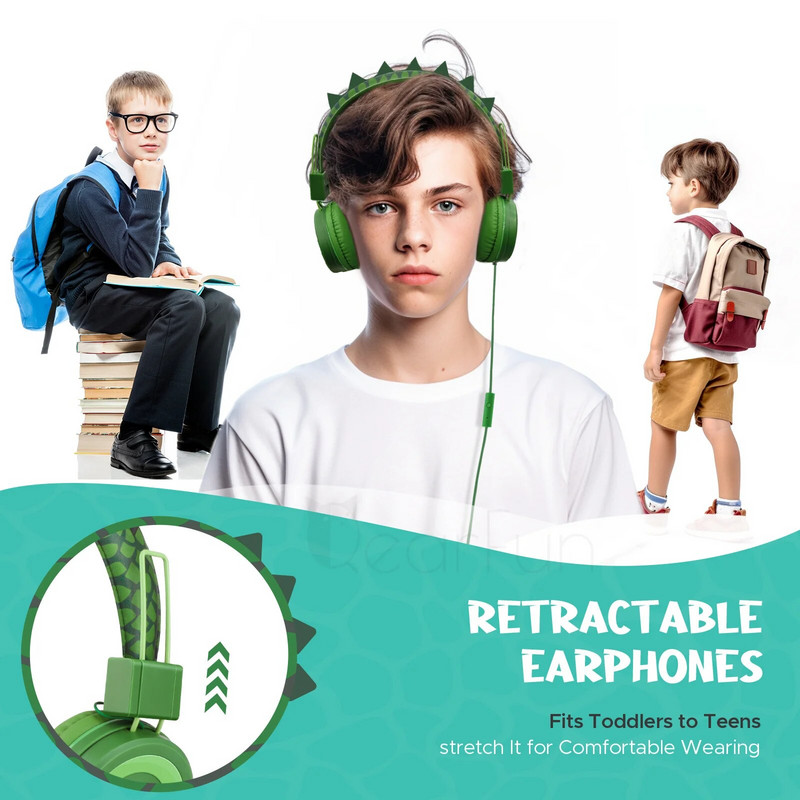 Aranyos dinoszaurusz gyerek fejhallgató mikrofonnal, biztonságos hangerő 85 db sztereó hang Vezetékes gyerekfejhallgató Ipad számítógéphez gyerekeknek ajándékok