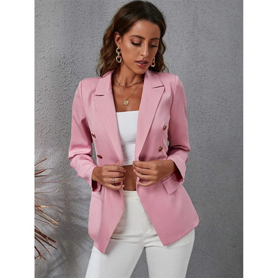 Rózsaszín női öltöny blézer, hosszú ujjú kabát, kétsoros, vékony szabású kabát hölgypartihoz, formális női felső irodai munkához