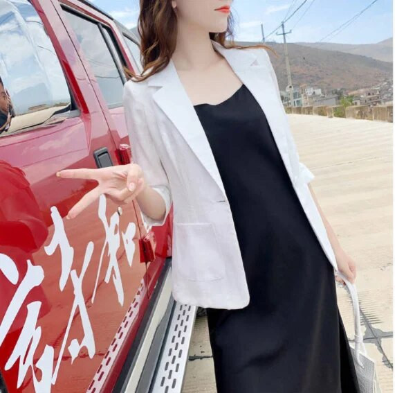 Pamut és vászon öltöny Női dzseki Tavaszi nyár elegáns és elegáns dzsekik Női rövid blézerek Fehér női blézer nőknek